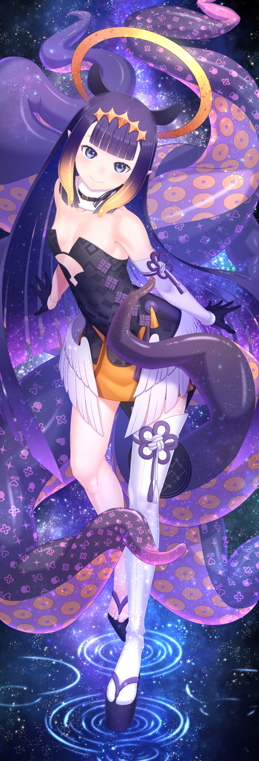 1girl absurdres bangs bare_shoulders black_hair blunt_bangs feathered_wings flat_chest fur_collar fur_trim gloves halo highres hololive hololive_english kido_airaku long_hair ninomae_ina'nis sandals single_arm_warmer single_thighhigh solo tentacle_hair tentacles thigh-highs violet_eyes virtual_youtuber wings