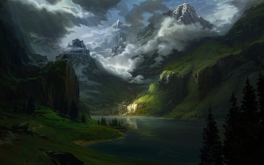 absurdres clouds cloudy_sky commentary forest highres krita_(medium) landscape mountain nature no_humans outdoors philipp_urlich river scenery sky tree valley water