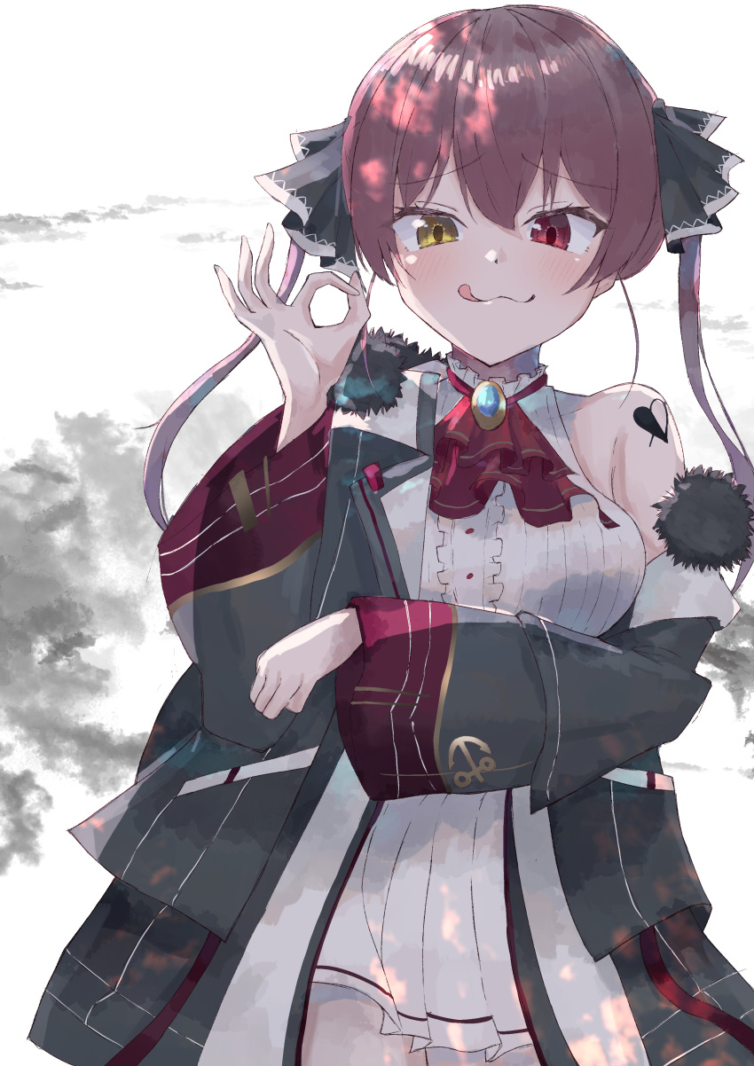 1girl :3 absurdres anchor_symbol arm_up ascot bangs bare_shoulders black_jacket blush bow breasts dress eyebrows_visible_through_hair fur-trimmed_jacket fur_trim hair_between_eyes hair_bow heterochromia highres hololive houshou_marine inaba_reito jacket looking_at_viewer medium_breasts off-shoulder_jacket off_shoulder ok_sign open_clothes open_jacket red_eyes red_neckwear redhead simple_background solo tattoo tongue tongue_out twintails virtual_youtuber white_background white_dress yellow_eyes
