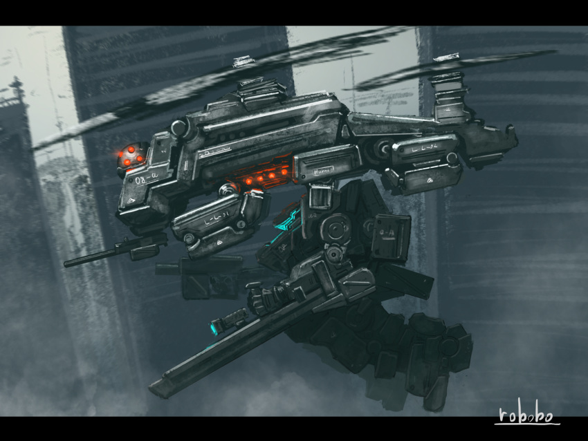 aircraft bottoms1237 clenched_hand dual_wielding flying from_side glowing gun helicopter highres holding holding_gun holding_weapon mecha original solo visor weapon