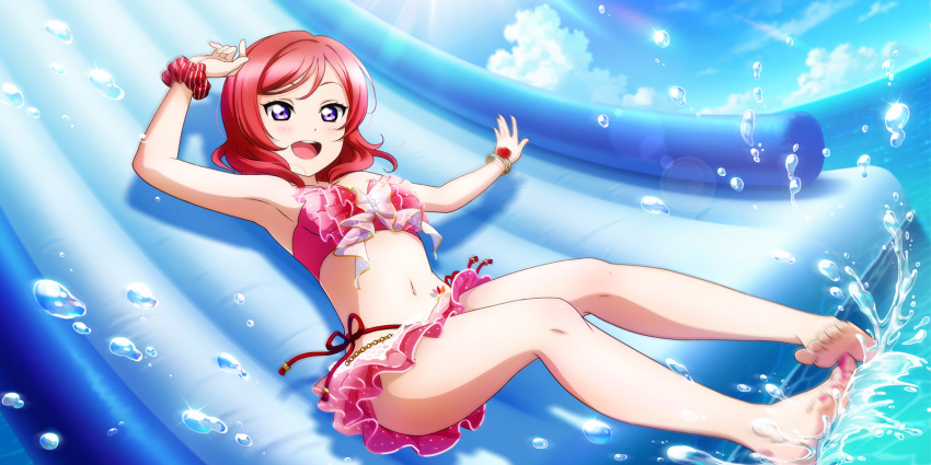 1girl arm_up armpits artist_request bangs blue_sky blush bracelet clouds collarbone day feet frills highres jewelry love_live! love_live!_school_idol_festival_all_stars love_live!_school_idol_project nail_polish navel nishikino_maki ocean official_art open_mouth outdoors parted_bangs redhead short_hair sky smile solo sunlight swimsuit toenail_polish violet_eyes water wet