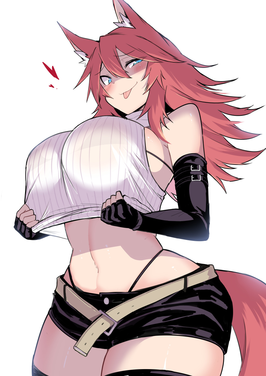1girl absurdres animal_ears belt black_gloves black_shorts blue_eyes blush breasts closed_mouth clothes_pull crop_top cropped_sweater elbow_gloves eyebrows_visible_through_hair fingerless_gloves firo_(shun_soku) fox_ears fox_girl fox_tail gloves hair_between_eyes half-closed_eyes heart highres large_breasts looking_at_viewer messy_hair midriff navel original pink_hair redhead ribbed_sweater see-through short_shorts shorts shun_soku sleeveless smile solo sweater sweater_pull tail tongue tongue_out white_sweater