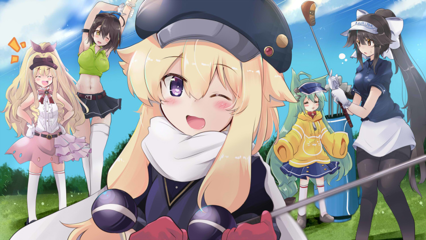 5girls :3 :d ;d =_= ^_^ ahoge akashi_(azur_lane) alternate_costume animal_ears animal_print armband armpits arms_up azur_lane baltimore_(azur_lane) bangs bare_shoulders bell bell_choker belt black_hair black_headwear black_legwear black_shirt blonde_hair blue_shirt blue_skirt blue_sky blush blush_stickers bow braid breasts brown_belt brown_eyes brown_hair cabbie_hat cat_ears cat_print choker closed_eyes clouds collared_shirt commentary_request day drawstring eyebrows_visible_through_hair field french_braid full_body gloves golf golf_bag golf_club green_hair green_shirt hair_between_eyes hair_bow hair_flaps hair_ribbon hands_on_hips hat high_ponytail holding_golf_club hood hood_down large_breasts long_hair long_sleeves looking_at_viewer low-braided_long_hair midriff miniskirt multiple_girls navel neck_ribbon notice_lines one_eye_closed open_mouth outdoors pantyhose parted_lips pink_skirt ponytail queen_elizabeth_(azur_lane) red_gloves ribbon ringlets scarf shirt shoes short_hair sidelocks skindentation skirt sky sleeveless sleeveless_shirt sleeves_past_fingers sleeves_past_wrists smile standing stretch sweat takao_(azur_lane) thigh-highs thighband_pantyhose tonchinkan tress_ribbon upper_body very_long_hair violet_eyes visor_cap warspite_(azur_lane) white_bow white_gloves white_legwear white_scarf white_shirt white_skirt wind yellow_eyes yellow_hoodie zettai_ryouiki |3