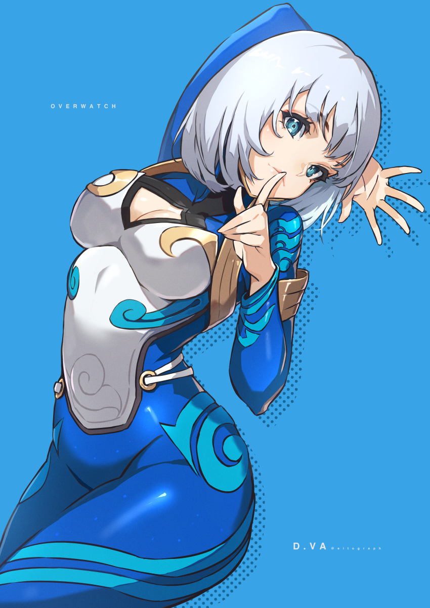 1girl absurdres alternate_hair_color alternate_hairstyle aqua_eyes arm_behind_head blue_background blue_bodysuit bob_cut bodysuit breasts character_name cleavage_cutout clothing_cutout commentary copyright_name cowboy_shot d.va_(overwatch) eito_nishikawa english_commentary finger_to_mouth glitter headphones highres looking_at_viewer medium_breasts overwatch pacific_d.va pilot_suit short_hair shushing simple_background skin_tight solo white_hair