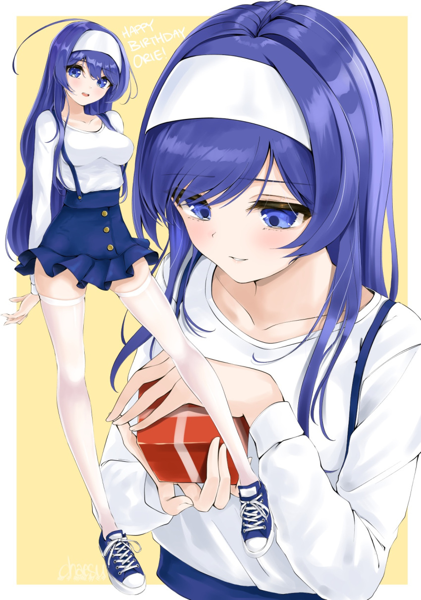1girl ahoge artist_name birthday blue_eyes blue_hair blush breasts casual chaesu collarbone english_commentary english_text eyebrows_visible_through_hair gift hair_between_eyes hairband highres huge_ahoge long_hair looking_at_viewer medium_breasts miniskirt orange_background orie_(under_night_in-birth) parted_lips shirt skirt suspender_skirt suspenders thigh-highs thighs under_night_in-birth white_hairband white_shirt