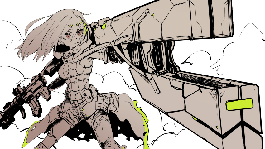 1girl absurdres assault_rifle bangs closed_mouth clothes_around_waist commentary_request cowboy_shot dual_wielding einheadt energy_cannon girls_frontline green_hair gun hair_between_eyes highres holding holding_gun holding_weapon jacket jacket_around_waist knee_pads long_hair looking_at_viewer m4_carbine m4a1_(girls_frontline) mod3_(girls_frontline) multicolored_hair partially_colored rifle scarf serious solo streaked_hair torn_jacket weapon white_background