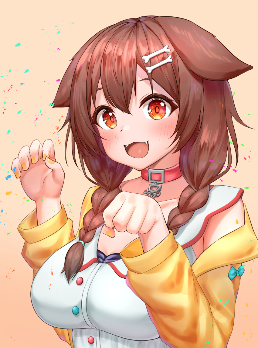 1girl :3 animal_ears bangs blush bone_hair_ornament braid breasts brown_eyes brown_hair cartoon_bone claw_pose collar collarbone commentary_request deaver dog_collar dog_ears dog_girl dress fang fangs hair_ornament hairclip highres hololive inugami_korone jacket long_hair long_sleeves looking_at_viewer low_twin_braids off-shoulder_jacket off_shoulder open_mouth red_collar smile solo twin_braids upper_body virtual_youtuber white_dress yellow_jacket