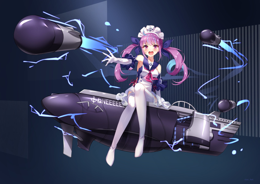 1girl absurdres azur_lane blush breasts clow commentary_request detached_sleeves drill_hair full_body highres hololive large_breasts looking_at_viewer maid_headdress minato_aqua multicolored_hair open_mouth sitting sleeveless solo torpedo twin_drills violet_eyes virtual_youtuber white_legwear