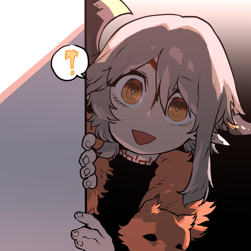 1girl :d axe axehorn_(ssambatea) bright_pupils chestnut_mouth fingernails grey_hair highres looking_at_viewer open_mouth orange_eyes original peeking_out pelt ringed_eyes smile solo spoken_object ssambatea wide-eyed yellow_eyes