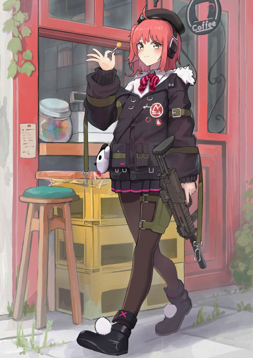 1girl absurdres blush commission girls_frontline gun h&amp;k_mp7 hanabusaraleigh highres huge_filesize mp7_(girls_frontline) pantyhose redhead skeb_commission solo submachine_gun weapon yellow_eyes