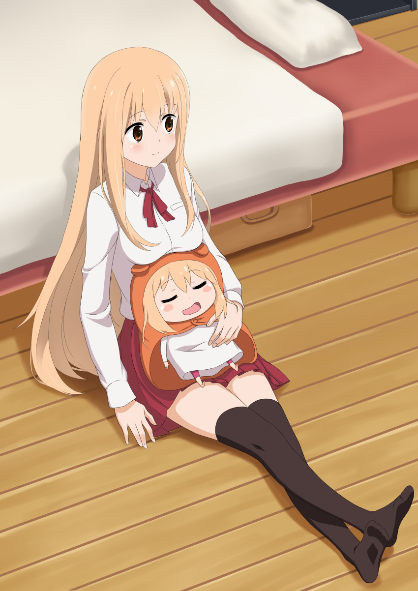 2girls absurdres against_bed bangs bed black_legwear blonde_hair breast_rest breasts breasts_on_head brown_eyes chibi closed_eyes commentary_request crossed_legs dogakobo doma_umaru dual_persona eyebrows_visible_through_hair flatfield hair_between_eyes hamster_hood height_difference highres himouto!_umaru-chan komaru leaning_back long_hair looking_away medium_breasts multiple_girls open_mouth pillow red_skirt school_uniform shiny shiny_hair shiny_skin shirt shueisha sitting sitting_on_lap sitting_on_person size_difference skirt sleeping smile thigh-highs time_paradox white_shirt wooden_floor zettai_ryouiki