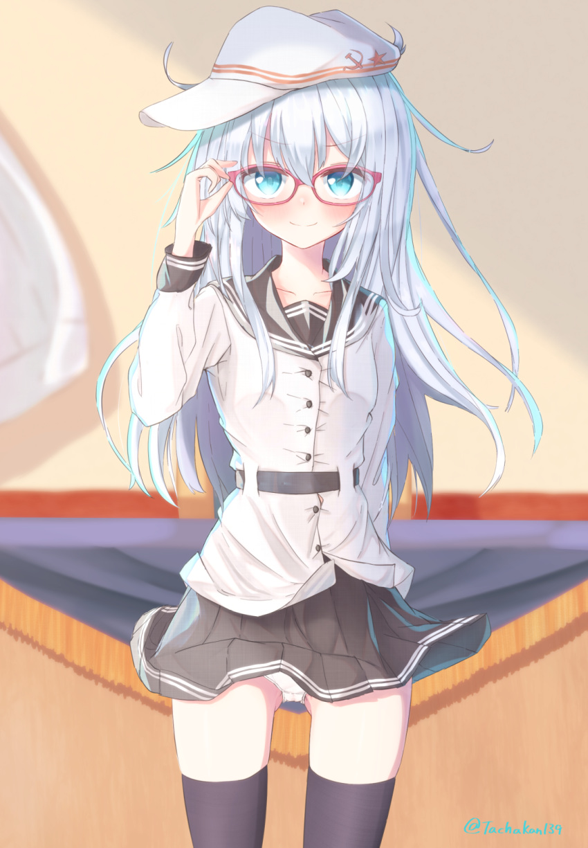 adjusting_eyewear black_legwear blue_eyes flat_cap glasses hat hibiki_(kantai_collection) highres kantai_collection long_hair long_sleeves messy_hair panties pantyshot red-framed_eyewear school_uniform serafuku smile tachakan thigh-highs underwear verniy_(kantai_collection) white_hair white_panties