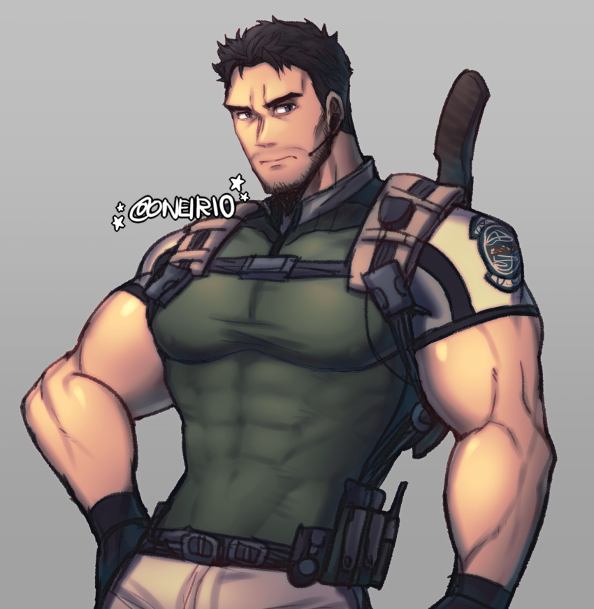 1boy absurdres artist_name bara black_eyes black_hair chest chris_redfield covered_abs covered_navel facial_hair gloves hand_on_hip highres looking_at_viewer male_focus muscle oneirio resident_evil resident_evil_5 shirt short_sleeves simple_background solo stubble tight tight_shirt upper_body