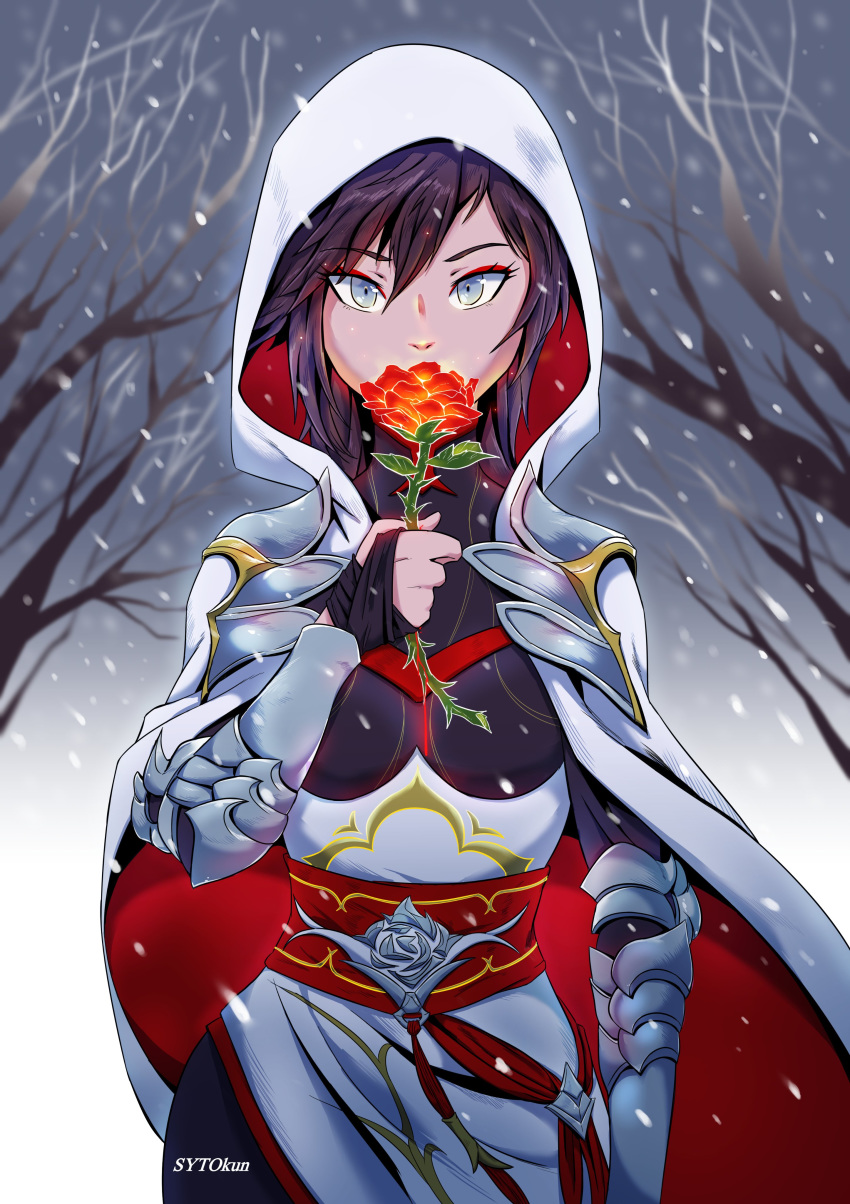1girl absurdres armor bare_tree brown_hair cape cowboy_shot flower grey_eyes highres looking_at_viewer rose rwby short_hair snow solo summer_rose sytokun tree white_cape white_hood winter