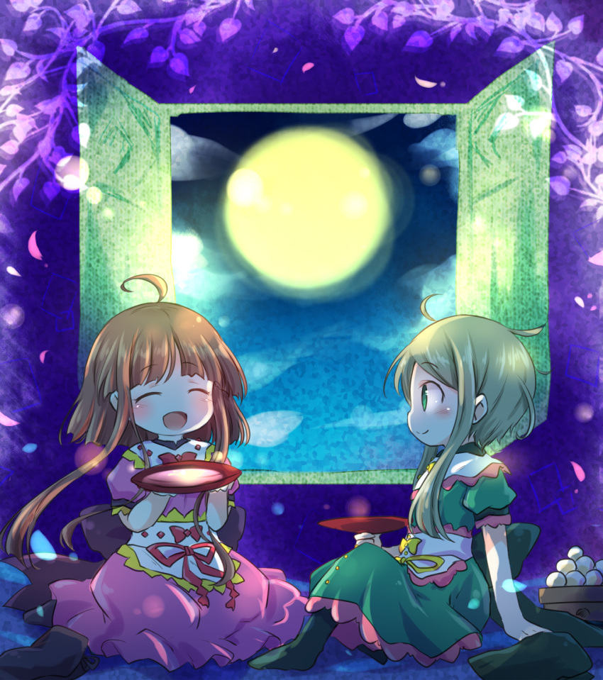 2girls ahoge arm_support bangs black_legwear blunt_bangs blush brown_hair closed_eyes clouds commentary_request cup dango dress eyebrows_visible_through_hair food full_moon green_eyes green_hair hat headwear_removed highres holding holding_cup looking_at_another moon multiple_girls night night_sky nishida_satono open_door open_mouth pantyhose partial_commentary petals pink_dress pote_(ptkan) profile puffy_short_sleeves puffy_sleeves sakazuki seiza short_hair_with_long_locks short_sleeves sidelocks sitting sky smile tate_eboshi teireida_mai touhou tree_branch tsukimi tsukimi_dango wagashi