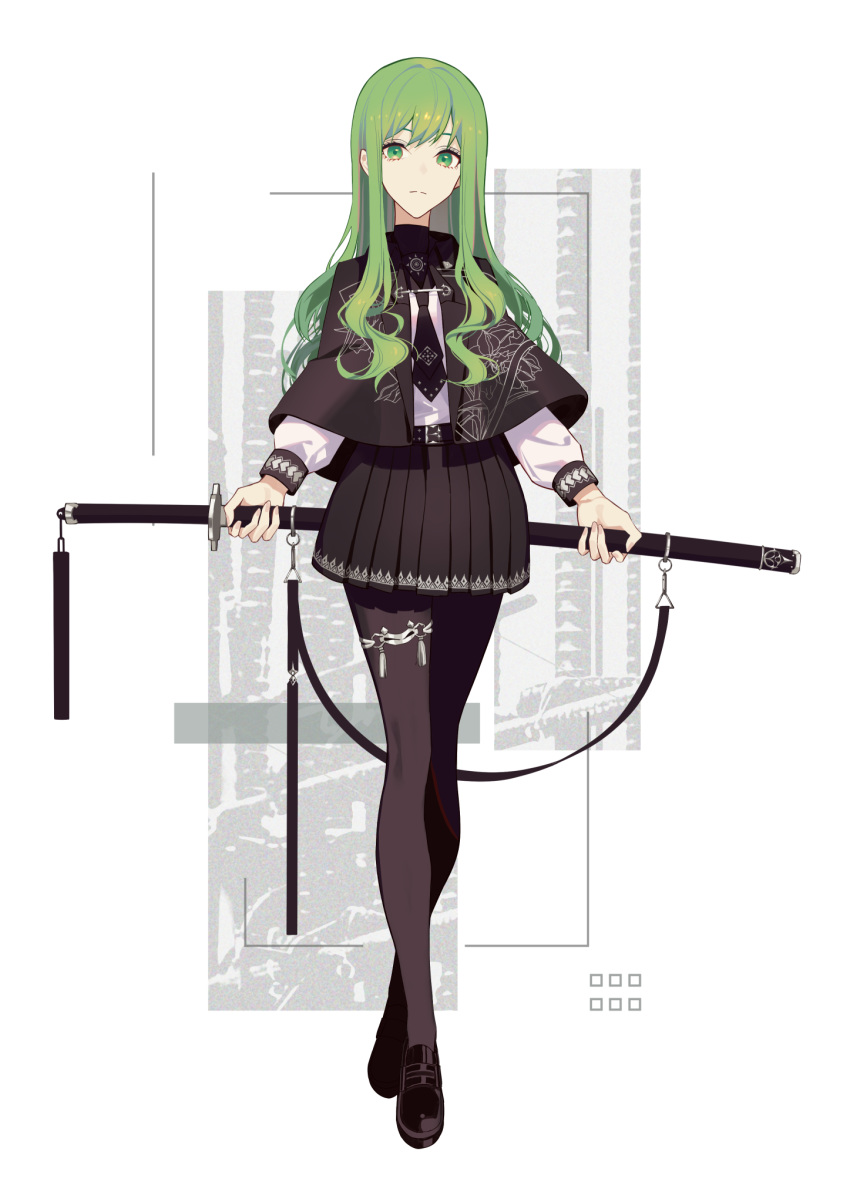 1girl belt black_capelet black_legwear black_skirt capelet frown full_body green_eyes green_hair highres katana loafers long_hair looking_at_viewer necktie original pantyhose sheath sheathed shirt shoes skirt solo sword thighlet tsuki-shigure weapon white_background white_shirt