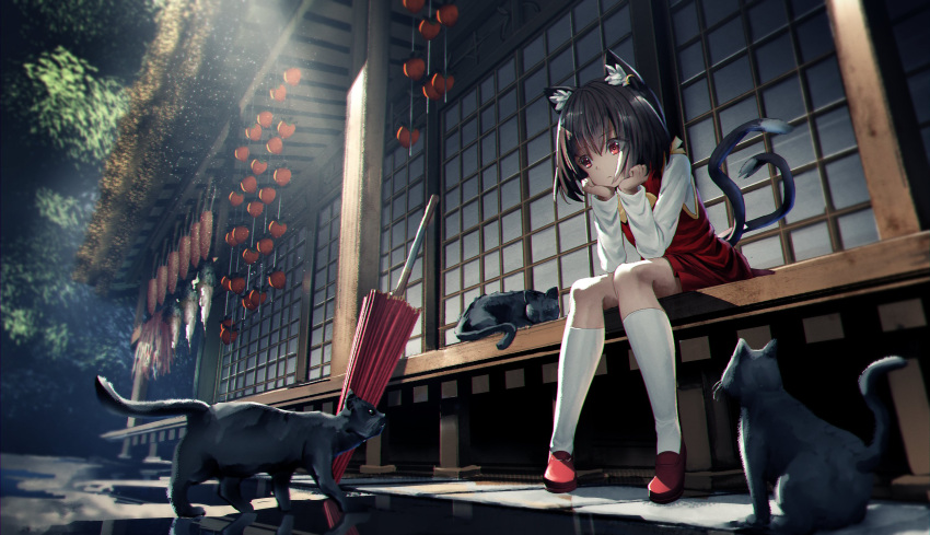 1girl animal_ear_fluff animal_ears black_cat cat cat_ears cat_tail chen dress earrings eyebrows_visible_through_hair hair_between_eyes headwear_removed highres jewelry long_sleeves looking_to_the_side multiple_tails oil-paper_umbrella red_dress red_eyes ribbon ryosios shoes shouji single_earring sitting sliding_doors tail touhou two_tails umbrella veranda white_legwear wooden_floor yellow_neckwear yellow_ribbon