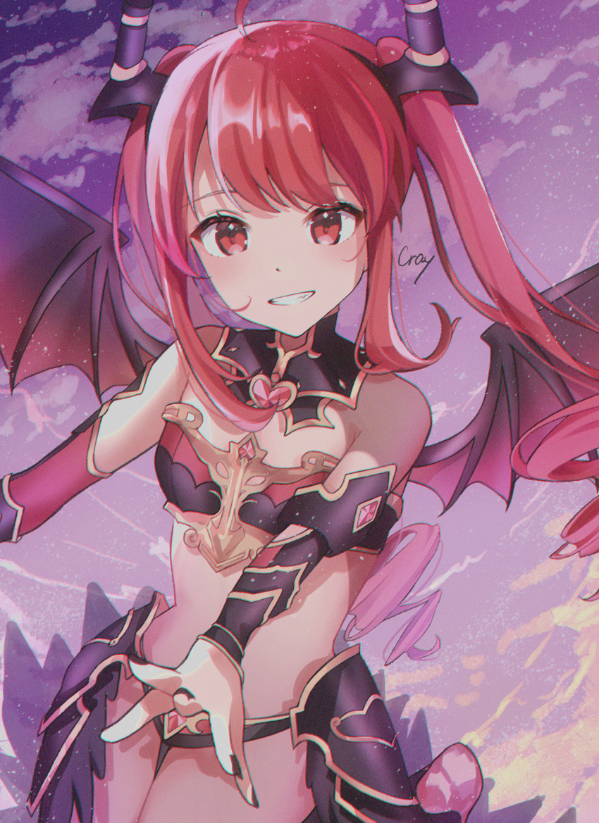 1girl absurdres ahoge arm_guards armor artist_name bangs bare_shoulders battle_girl_high_school bikini_armor black_nails breasts commentary_request cray demon_girl demon_wings detached_collar eyebrows_visible_through_hair grin hair_between_eyes hair_ornament hasumi_urara highres looking_at_viewer red_eyes redhead sidelocks small_breasts smile solo swept_bangs twintails wings