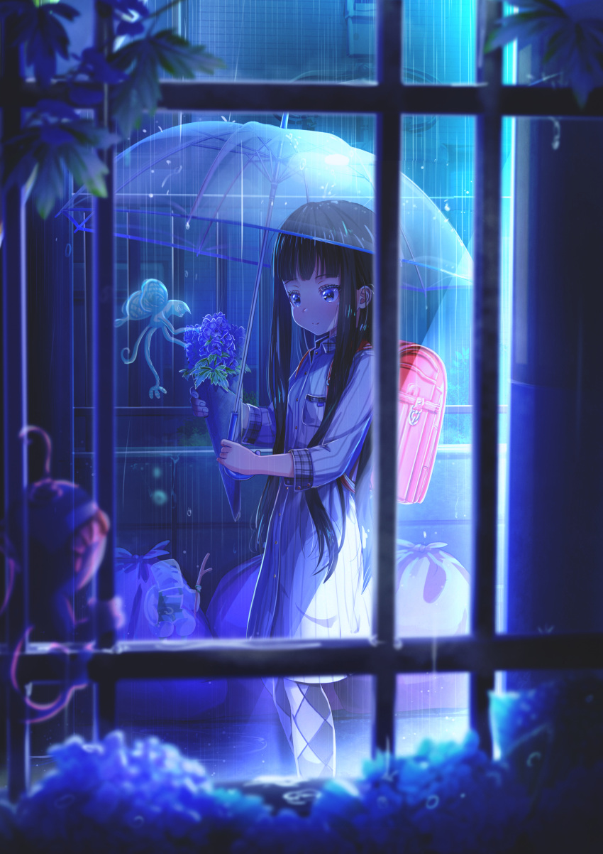 1girl abo_(kawatasyunnnosukesabu) absurdres backpack bag black_hair blue_eyes blush coat flower highres long_hair night original outdoors pantyhose rain randoseru sidelocks solo standing town transparent transparent_umbrella umbrella water_drop