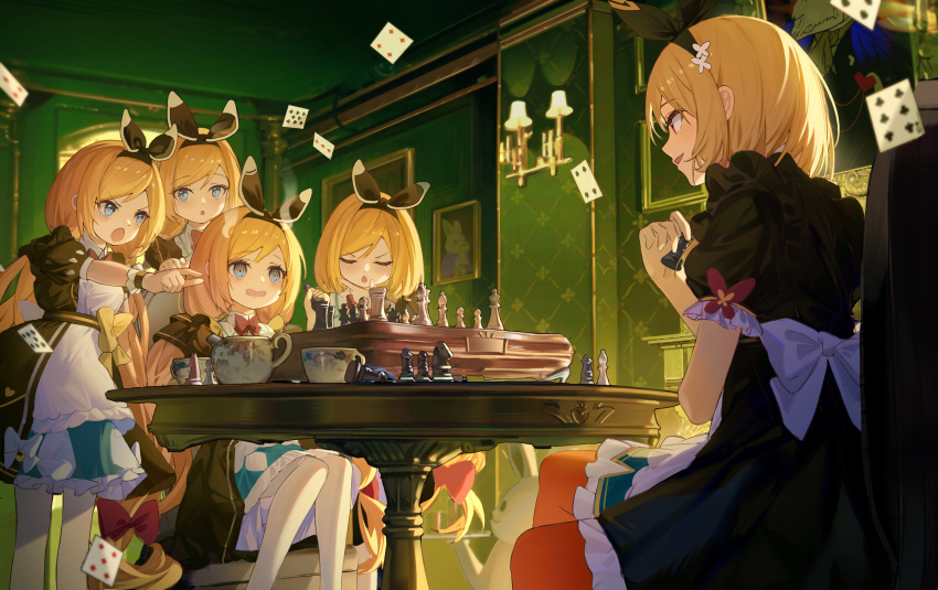 5girls :d :o @_@ absurdres apron black_ribbon blonde_hair blue_dress blue_eyes board_game card chair chess chess_piece chessboard closed_eyes club_(shape) collared_dress commentary_request cup diamond_(shape) dress frilled_apron frilled_dress frills hair_ribbon heart highres indoors long_hair multiple_girls on_chair original outstretched_arm pantyhose playing_card pointing ribbon sitting smile spade_(shape) standing steam table teacup very_long_hair wang_man white_apron white_pantyhose