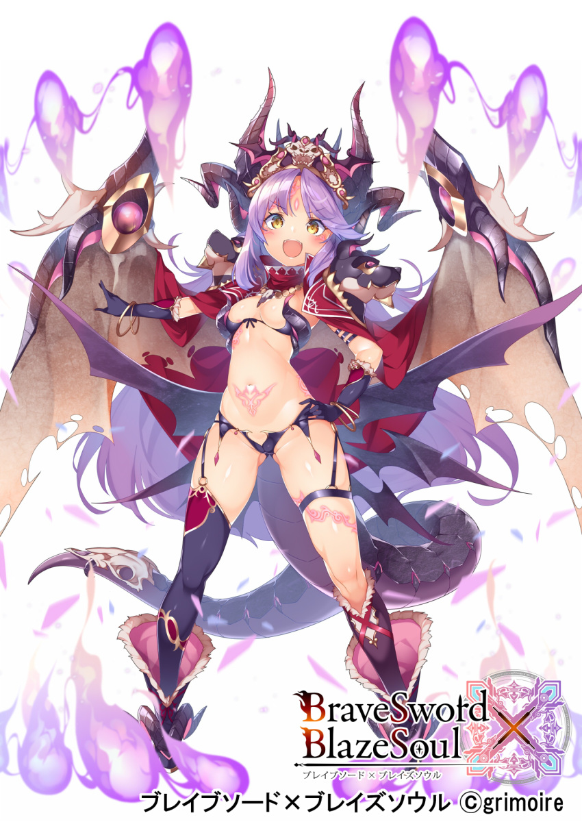 1girl ass_visible_through_thighs bangs bikini black_gloves black_legwear blush bracelet brave_sword_x_blaze_soul breasts cloak eyebrows_visible_through_hair facial_mark garter_straps gloves hand_on_hip highres horns jewelry kokka_han leg_tattoo long_hair looking_at_viewer open_mouth pubic_tattoo purple_hair revealing_clothes single_thighhigh small_breasts solo swimsuit tail tattoo thigh-highs thigh_strap white_background wings yellow_eyes