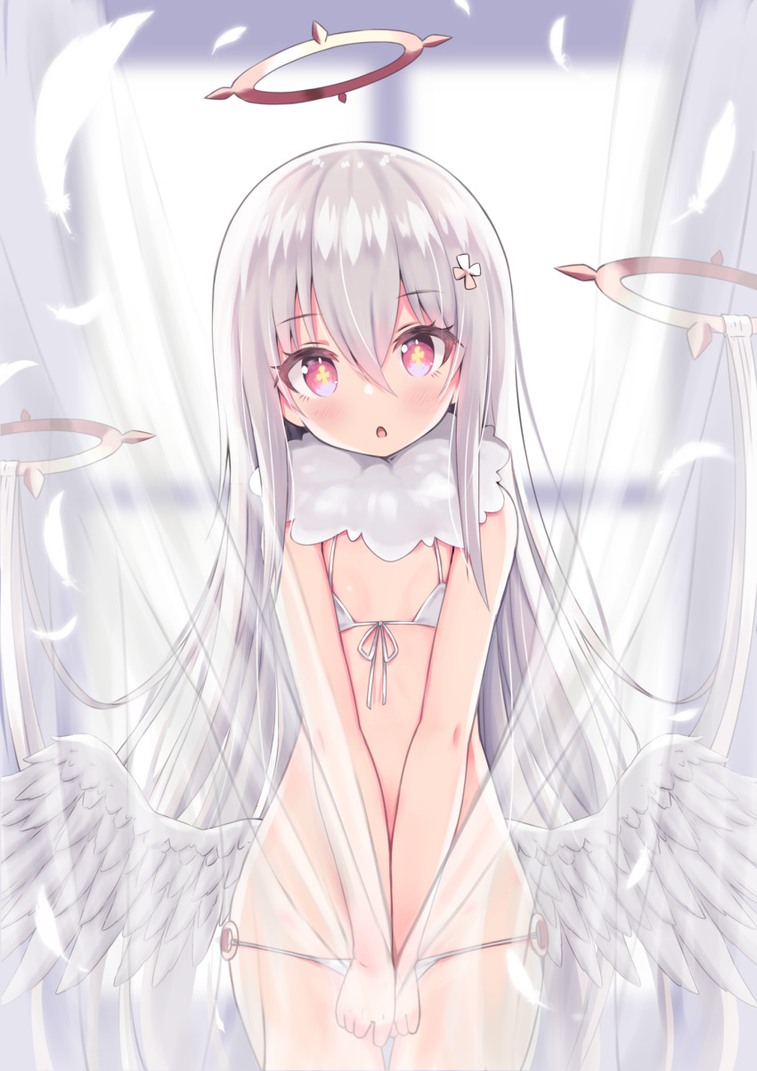 1girl angel angel_wings bikini blush character_request commentary_request copyright_request covering covering_crotch curtains feathered_wings feathers flat_chest front-tie_bikini front-tie_top halo highres long_hair looking_at_viewer low_wings mechanical_halo neck_ruff o-ring open_mouth pink_eyes see-through side-tie_bikini silver_hair siragagaga solo swimsuit symbol-shaped_pupils v_arms very_long_hair white_bikini wings