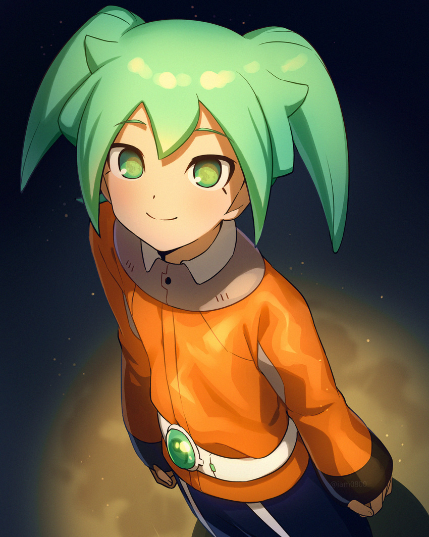 1boy bangs blue_pants closed_mouth commentary fei_rune full_moon green_eyes green_hair highres inazuma_eleven_(series) inazuma_eleven_go inazuma_eleven_go_chrono_stone jacket long_sleeves looking_at_viewer male_focus moon orange_jacket pants sayshownen short_hair smile solo standing twitter_username two_side_up watermark