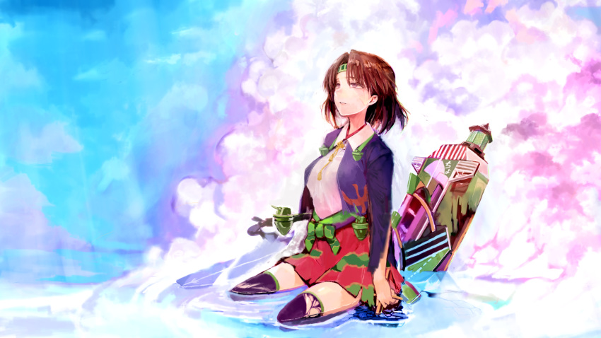 1girl black_jacket black_legwear blouse breasts brown_eyes brown_hair chiyoda_(kantai_collection) clouds day empty_eyes facial_scar flight_deck hakama hakama_skirt headband highres holding jacket japanese_clothes kantai_collection large_breasts outdoors parted_lips red_hakama remodel_(kantai_collection) rigging scar short_hair sitting sky solo sowamame thigh-highs torn_clothes torn_legwear