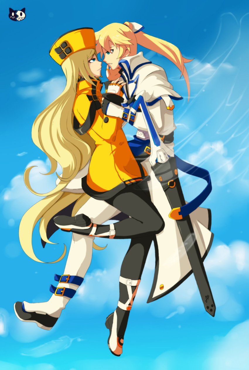1boy 1girl ayb-art blonde_hair blue_eyes guilty_gear hand_on_another's_face hat highres ky_kiske long_hair millia_rage ponytail protected_link sword weapon