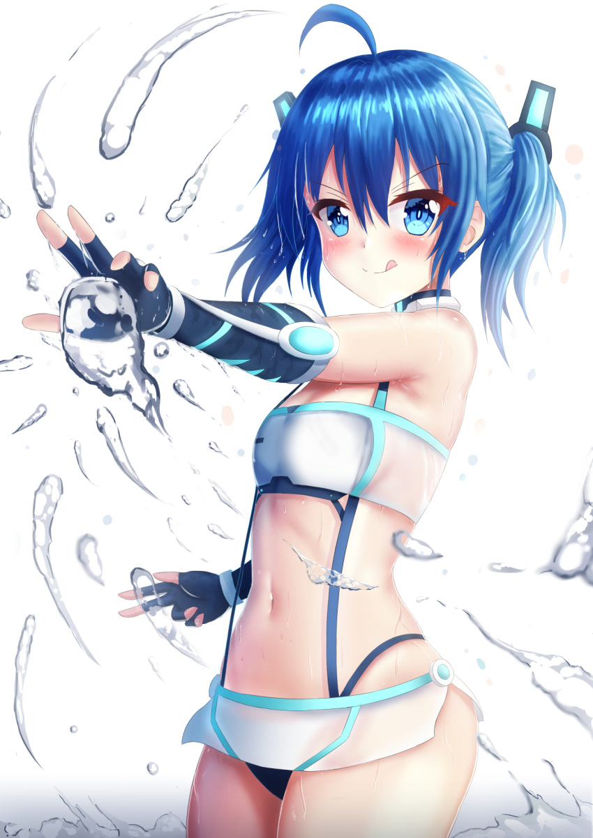 1girl :q ahoge bangs bare_shoulders black_gloves blue_eyes blue_hair blush breasts closed_mouth commentary_request elbow_gloves eris_(prophosphere) eyebrows_visible_through_hair fingerless_gloves gloves gradient gradient_background grey_background hair_between_eyes headgear highres hydrokinesis navel original outstretched_arm prophosphere skirt small_breasts smile solo tongue tongue_out twintails v-shaped_eyebrows water white_background white_skirt