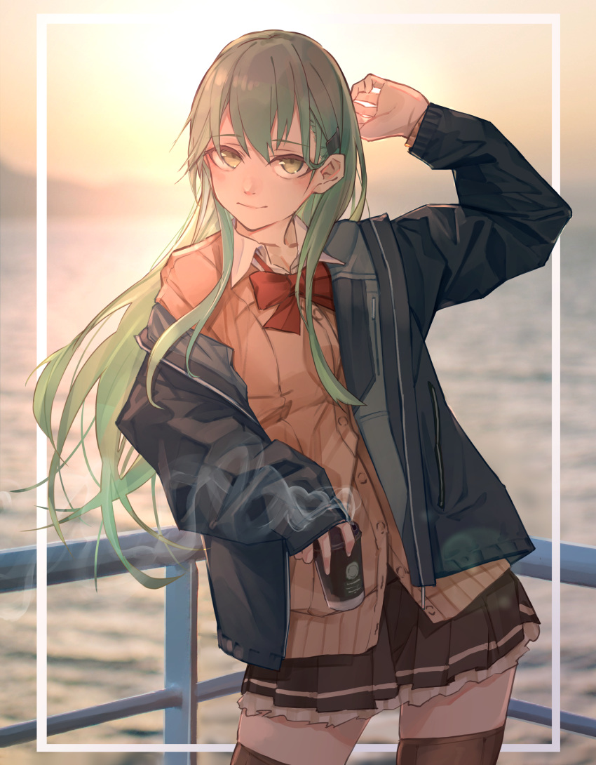 1girl absurdres aqua_eyes aqua_hair bangs black_jacket black_skirt brown_cardigan cardigan commentary_request cowboy_shot cup disposable_cup hair_ornament hairclip highres jacket kantai_collection kumanoko long_hair looking_at_viewer ocean outdoors pleated_skirt railing skirt solo standing steam sunset suzuya_(kantai_collection)