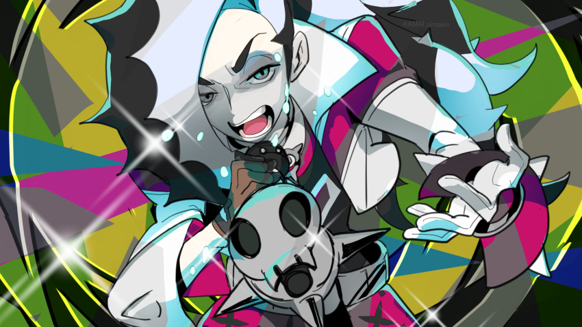 1boy belt black_hair commentary_request cropped_jacket dabu_(dabuchan) gloves gym_leader hair_over_one_eye highres holding holding_microphone jacket long_hair male_focus microphone multicolored_hair music open_mouth piers_(pokemon) pokemon pokemon_(game) pokemon_swsh singing solo sparkle teeth tongue two-tone_hair white_hair white_jacket