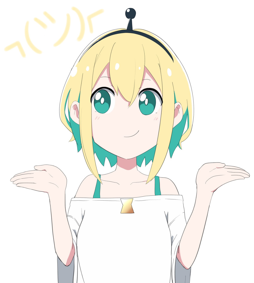 1girl aimusu amano_pikamee bangs bare_shoulders black_hairband blonde_hair collarbone commentary green_eyes green_hair hair_between_eyes hairband hands_up highres looking_to_the_side multicolored_hair off-shoulder_shirt off_shoulder shirt sidelocks simple_background smile solo two-tone_hair upper_body virtual_youtuber voms white_background white_shirt