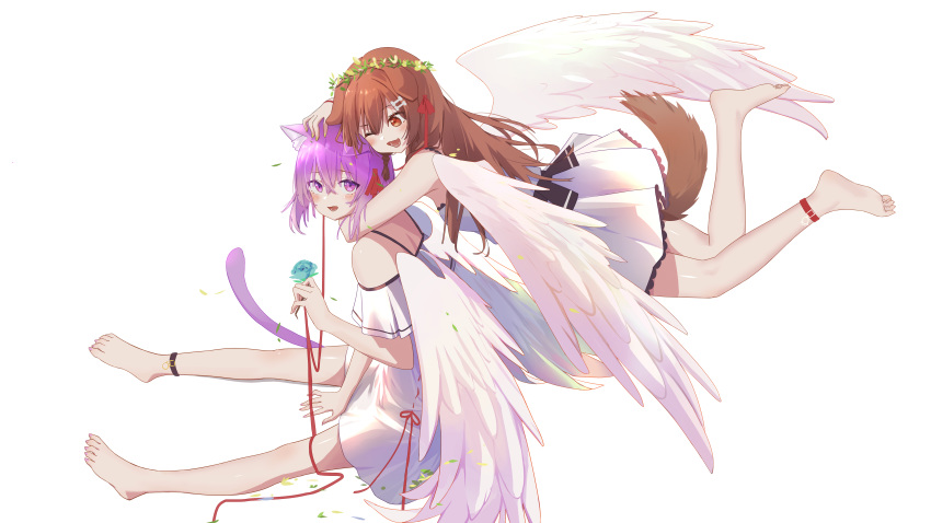 2girls ;d absurdres animal_ear_fluff animal_ears bangs barefoot black_collar blue_flower blue_rose blush bone_hair_ornament brown_hair cartoon_bone cat_ears cat_girl cat_tail collar dog_ears dog_girl dog_tail dress eyebrows_visible_through_hair feathered_wings floating flower from_side full_body hair_between_eyes hair_ornament hair_ribbon hairclip highres holding holding_flower hololive hug hug_from_behind inugami_korone lace_trim long_hair looking_at_another looking_back low_twin_braids multiple_girls nekomata_okayu on_floor one_eye_closed open_mouth oyatsu_(blackrock118) purple_hair red_collar red_ribbon ribbon rose scratching_head short_hair sitting smile spaghetti_strap string string_of_fate tail transparent_background violet_eyes virtual_youtuber white_dress wings wreath
