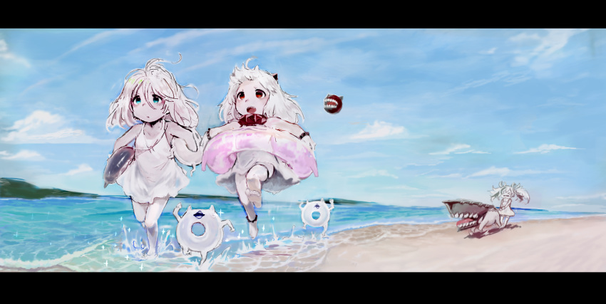 &gt;_&lt; 3girls abyssal_ship barefoot beach black_border black_horns blue_eyes border clouds day dress enemy_aircraft_(kantai_collection) enemy_lifebuoy_(kantai_collection) escort_water_princess gloves hair_between_eyes holding horns innertube kantai_collection long_hair multiple_girls new_submarine_princess northern_ocean_princess ocean open_mouth outdoors pale_skin red_eyes running sky sowamame twintails water white_dress white_gloves white_hair white_skin