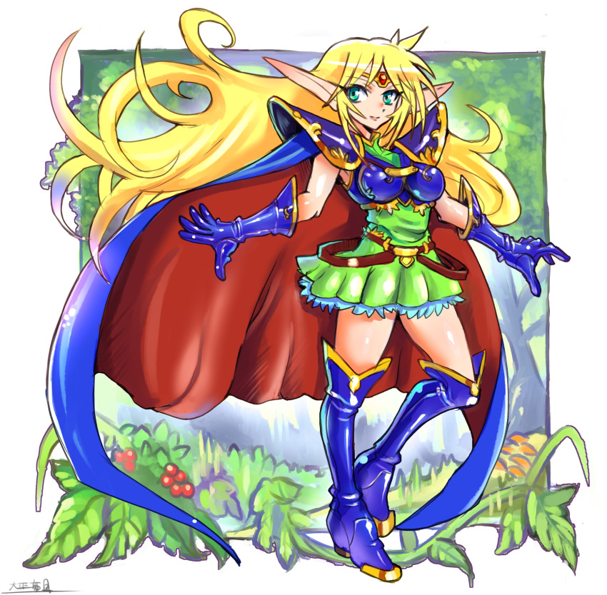 1girl armor blonde_hair blue_cape boots breasts cape closed_mouth deedlit dress elf gloves green_eyes highres long_hair looking_at_viewer oomasa_teikoku pointy_ears record_of_lodoss_war shoulder_armor smile solo thigh-highs thigh_boots