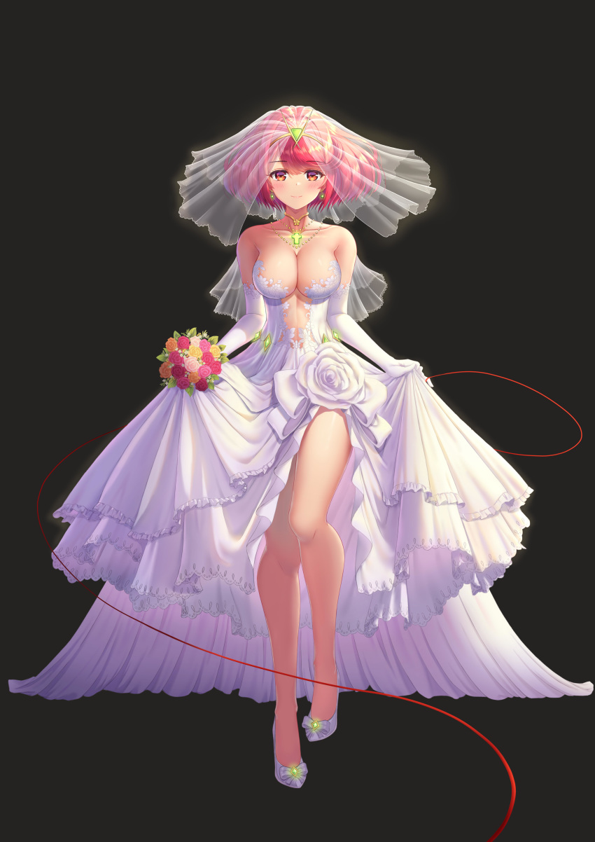 1girl absurdres black_background bouquet breasts bridal_veil bride dress flower highres ken-san large_breasts pyra_(xenoblade) red_eyes redhead thighs veil wedding_dress xenoblade_chronicles_(series) xenoblade_chronicles_2