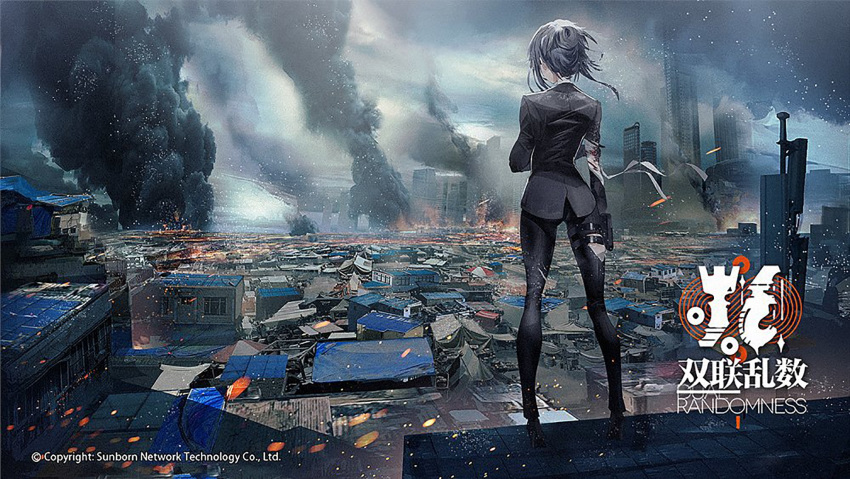 1girl angelia_(girls_frontline) bandages black_footwear black_hair black_legwear black_shirt building city cityscape commentary_request copyright fire from_behind full_body girls_frontline highres injury medium_hair outdoors shirt skyscraper smoke solo standing swav