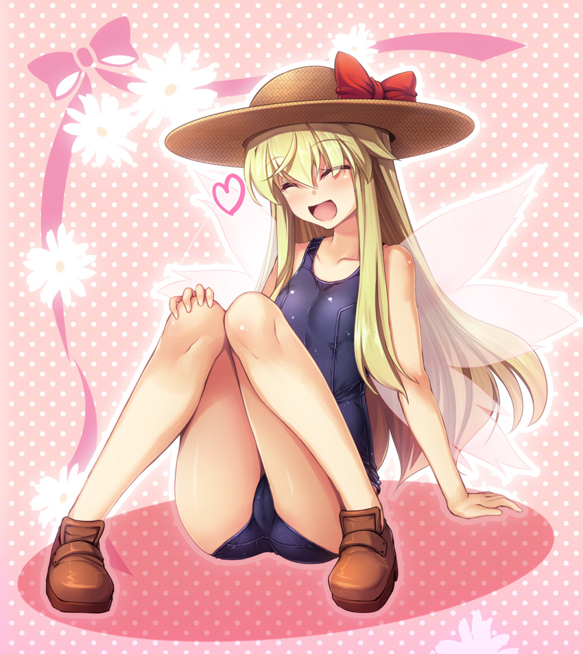 1girl ass bare_legs bare_shoulders blonde_hair blue_swimsuit bow brown_footwear brown_headwear chima_q closed_eyes dotted_background facing_viewer fairy_wings floral_background full_body hat hat_bow highres knees_together_feet_apart knees_up lily_white long_hair open_mouth pink_background red_bow shoes solo sun_hat swimsuit touhou transparent_wings very_long_hair wings