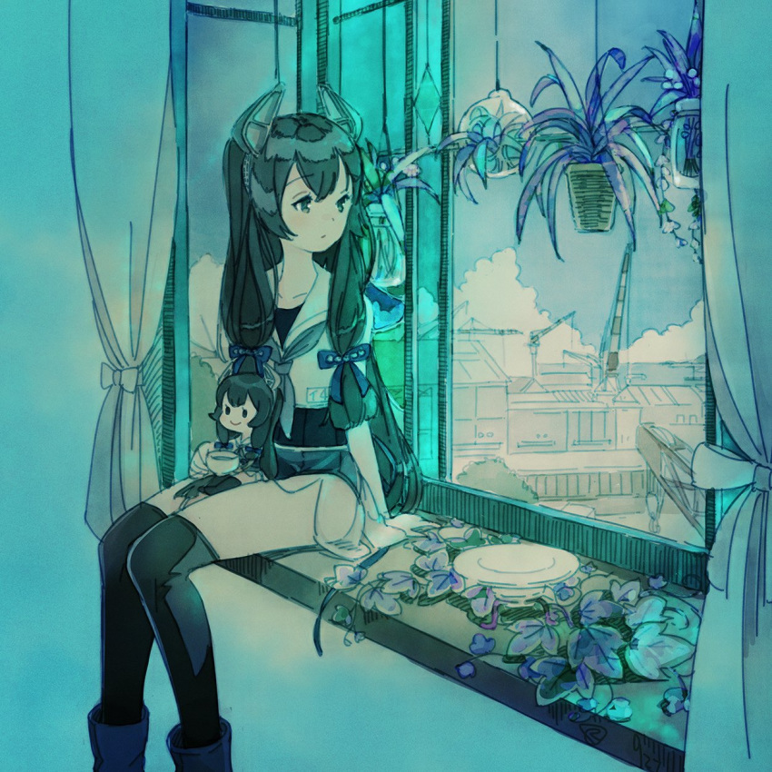 1girl black_legwear blue_theme character_doll crane_(machine) cup curtains doll expressionless feet_out_of_frame grey_neckwear hair_over_shoulder hanging_plant headgear highres holding holding_cup i-47_(kantai_collection) indoors kantai_collection kokudou_juunigou long_hair looking_away looking_to_the_side neckerchief plant planter potted_plant sailor_collar school_swimsuit see-through_skirt shirt sidelocks sitting sitting_in_window skirt sleeveless sleeveless_shirt solo swimsuit thigh-highs very_long_hair window windowsill