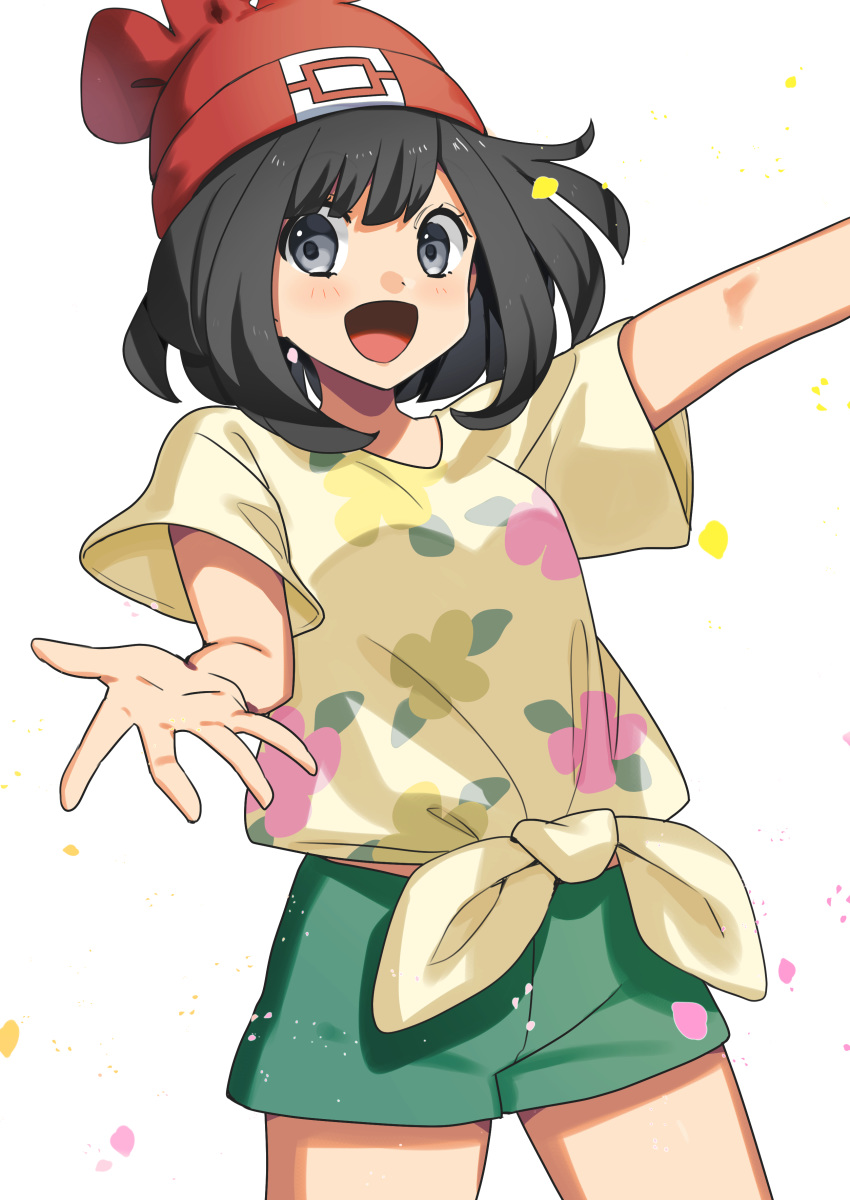 1girl :d absurdres beanie blush breasts commentary eyebrows_visible_through_hair eyelashes floral_print green_shorts grey_eyes hat highres medium_hair open_mouth petals pokemon pokemon_(game) pokemon_sm red_headwear revision selene_(pokemon) shirt short_shorts short_sleeves shorts smile solo spread_fingers t-shirt tied_shirt tongue white_background yuihico