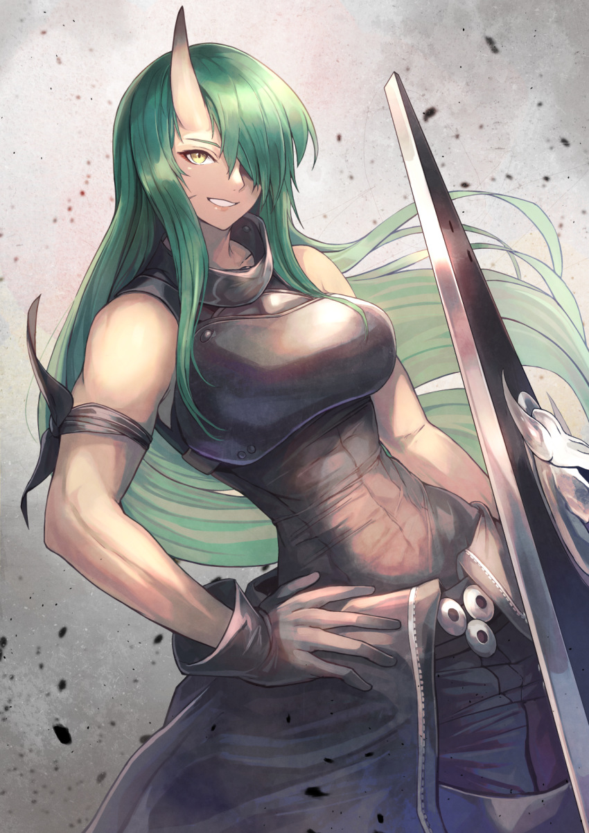 1girl arknights arm_ribbon armor bangs bare_arms bare_shoulders black_gloves black_shirt breastplate breasts commentary cowboy_shot gloves green_hair grey_background grin hair_over_one_eye hand_on_hip hannya_(arknights) highres horns hoshiguma_(arknights) large_breasts long_hair looking_at_viewer ohako_(ohako1818) revision ribbon shield shirt single_horn sleeveless sleeveless_shirt smile solo yellow_eyes