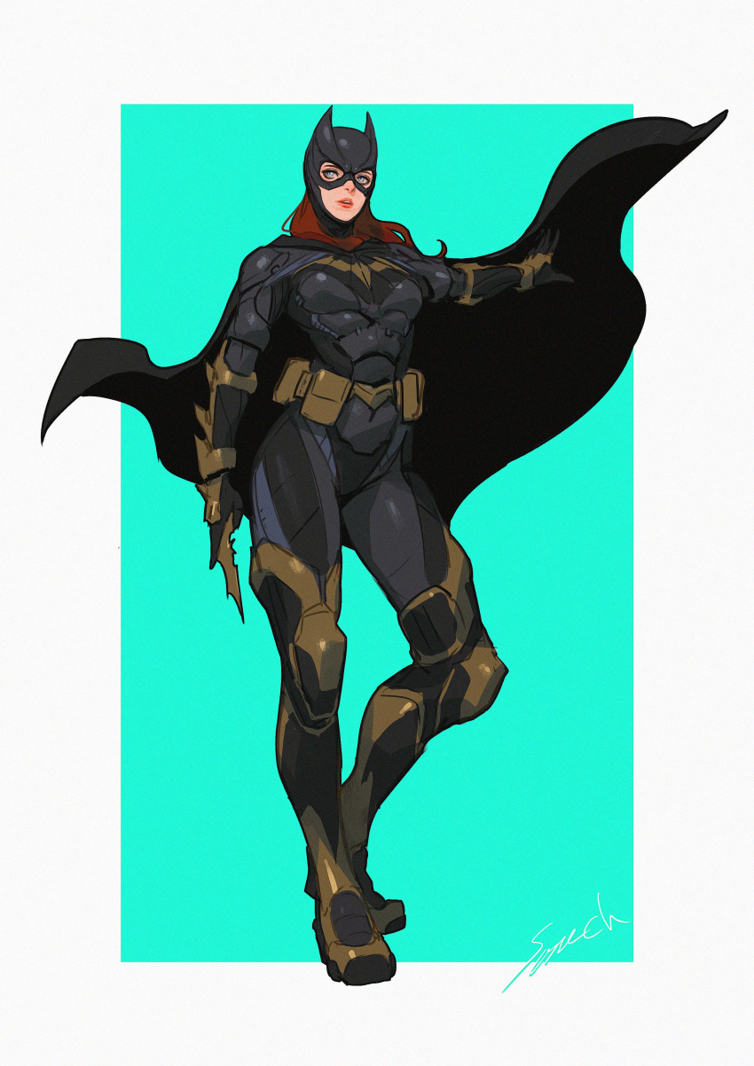 1girl absurdres barbara_gordon batarang batgirl batman_(series) billowing_cape blue_background blue_eyes cape dc_comics highres looking_to_the_side muscle muscular_female parted_lips redhead signature solo sonech superhero
