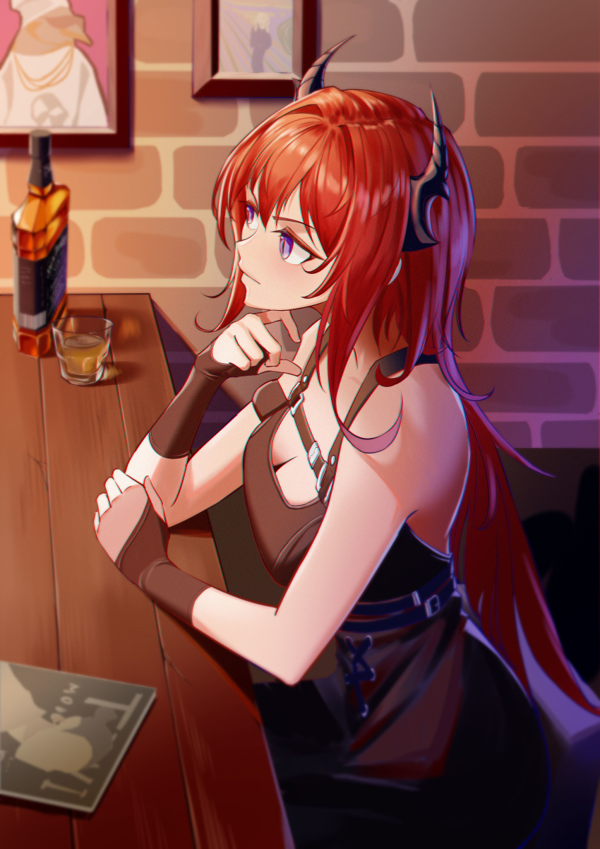 1girl absurdres alcohol arknights bangs bare_shoulders belt bingdongluofeiyu black_belt black_dress commentary cup dress drinking_glass hand_up highres horns long_hair picture_frame redhead sleeveless sleeveless_dress solo surtr_(arknights) the_emperor_(arknights) violet_eyes whiskey