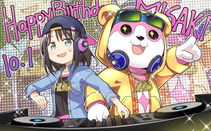 1girl :3 :d arm_up backwards_hat bang_dream! baseball_cap black_hair bling blue_eyes blue_jacket blush chain chain_necklace commentary_request dj eyebrows_visible_through_hair eyewear_on_head gold_chain gold_necklace hair_ornament hairclip happy_birthday hat headphones highres hood hood_up hoodie jacket jewelry long_sleeves looking_at_viewer mascot mascot_costume medium_hair michelle_(bang_dream!) necklace okusawa_misaki open_mouth phonograph pointing smile standing stuffed_animal stuffed_toy sunglasses sweatdrop toto_nemigi turntable upper_body