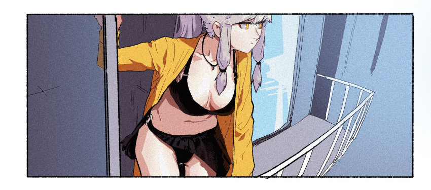 1girl balcony bikini black_bikini breasts closed_mouth gogalking highres jacket jewelry jitome large_breasts long_sleeves necklace open_clothes open_jacket original ponytail railing sarong sliding_doors solo swimsuit white_hair yellow_eyes yellow_jacket