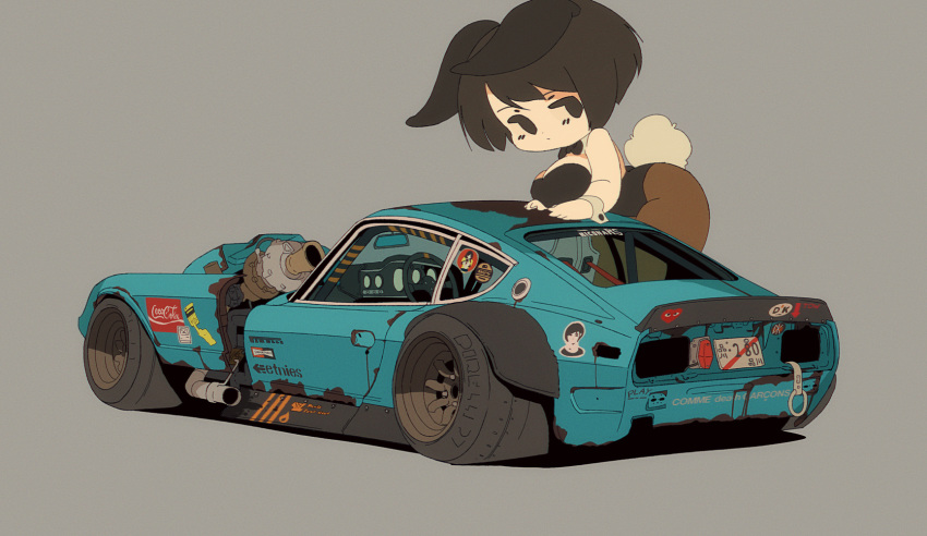 1girl animal_ears bent_over black_eyes black_hair breasts bunny_tail car chibi coca-cola comme_des_garcons fake_animal_ears ground_vehicle highres large_breasts motor_vehicle original playboy_bunny rabbit_ears rikona short_hair solo sticker tail vehicle_focus