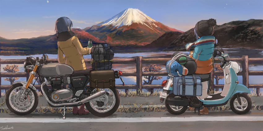 1girl age_progression bag beanie black_scarf blue_hair boots brown_footwear drink fence ground_vehicle hat highres holding holding_drink iwauchi_tomoki jacket leaning_against_motorcycle long_hair looking_afar luggage moon motor_vehicle motorcycle mount_fuji mountain multicolored multicolored_clothes multicolored_jacket multicolored_scarf multiple_straps older product_placement reflection road scarf scenery scooter shima_rin signature sky sleeping_bag triumph_(motorcycle) volcano water winter_clothes wooden_fence yamaha_vino yellow_jacket younger yurucamp