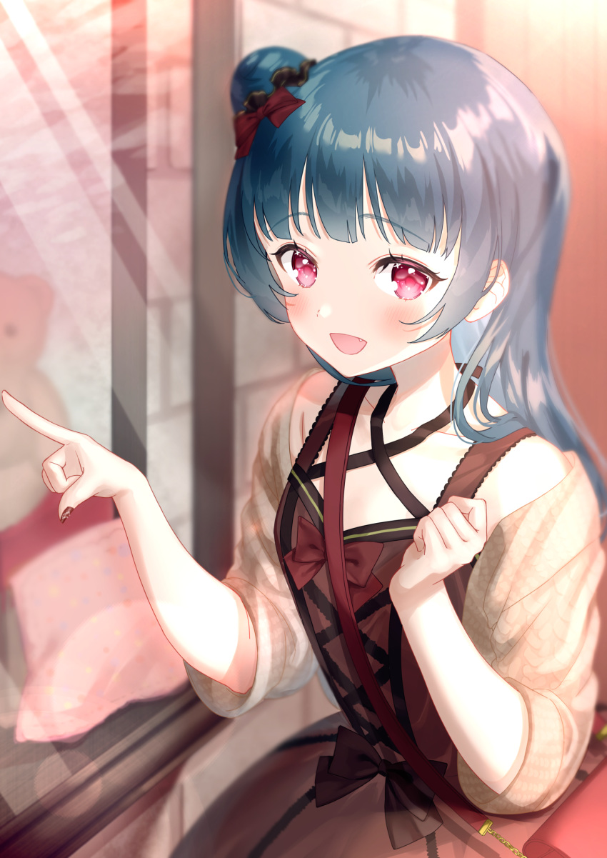 1girl :d bangs blue_hair brown_dress brown_jacket brown_nails commentary_request dress eyebrows_visible_through_hair fang hair_bun hands_up highres jacket long_hair love_live! love_live!_sunshine!! luna_(mi-chanman) nail_polish off_shoulder open_mouth pointing red_eyes short_sleeves side_bun sleeveless sleeveless_dress smile solo tsushima_yoshiko window
