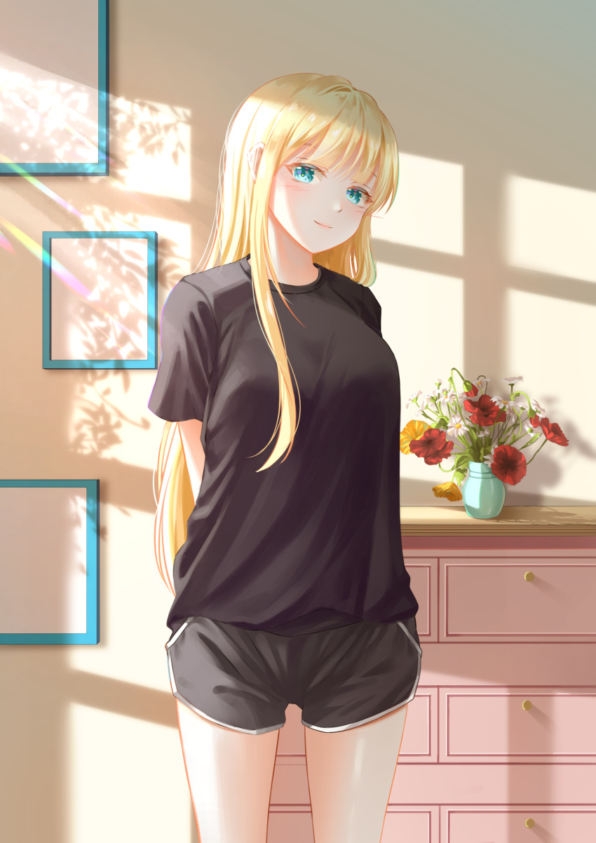 1girl absurdres aqua_eyes arms_behind_back black_shirt black_shorts blonde_hair breasts commentary_request cowboy_shot flower flower_pot gonzz_(gon2rix) highres indoors korean_commentary large_breasts long_hair original plant potted_plant red_flower shelf shirt short_sleeves shorts sidelocks smile standing t-shirt white_flower yellow_flower